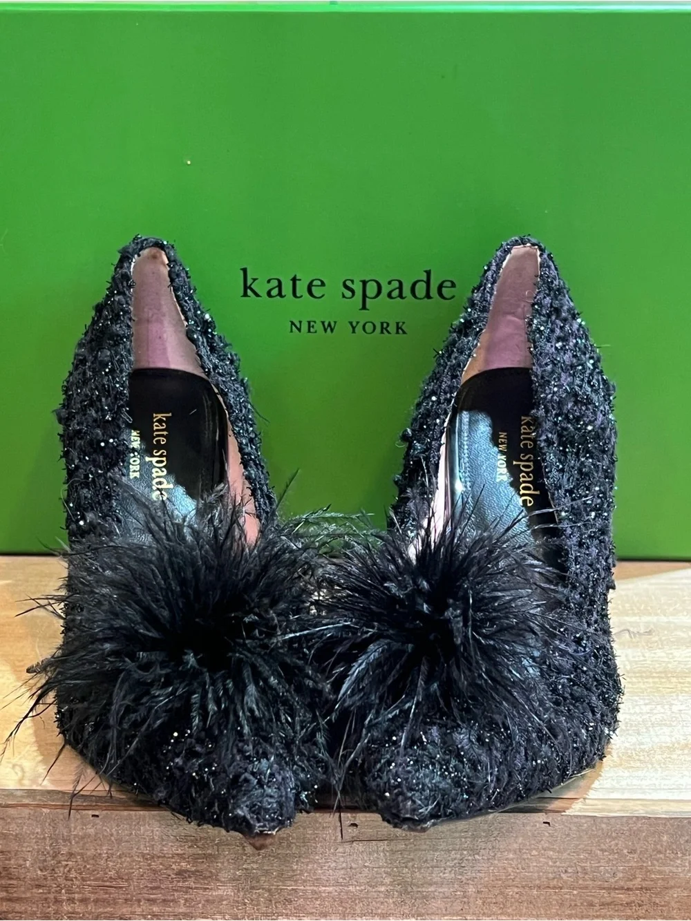 Kate Spade New York Marabou Black Tweed Feather Pom Pom Pumps Heels Size 9